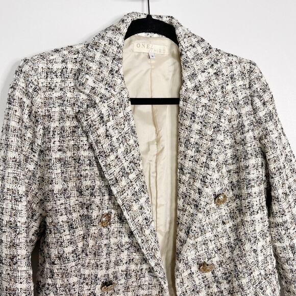 One Third Small S Black White Tweed Blazer Gold Buttons Jacket Cream Career Work - Picture 3 of 9